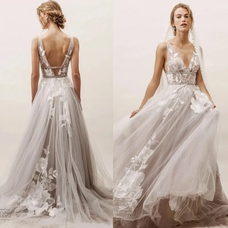 

Romantic 2019 Beach Lace Boho Wedding Dress Sexy V Neck Open Back Wedding Gowns shoulder strap Tulle Appliqued