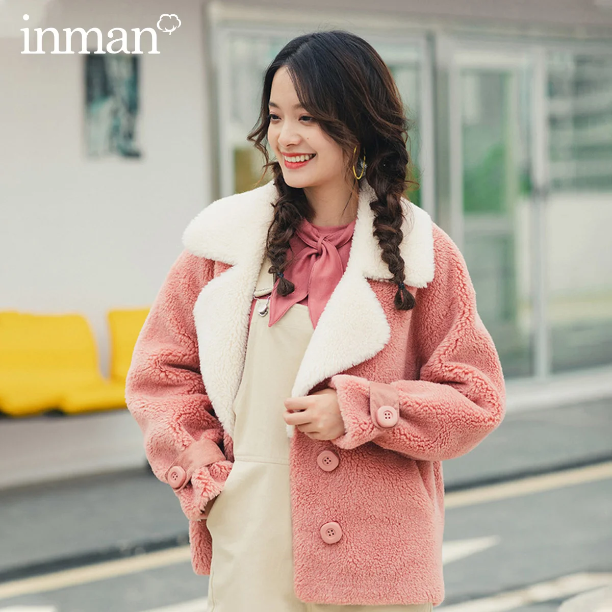 

INMAN Winter Literary Split Color Turn Down Collar Elegant Thick Loose Warm Women Jacket