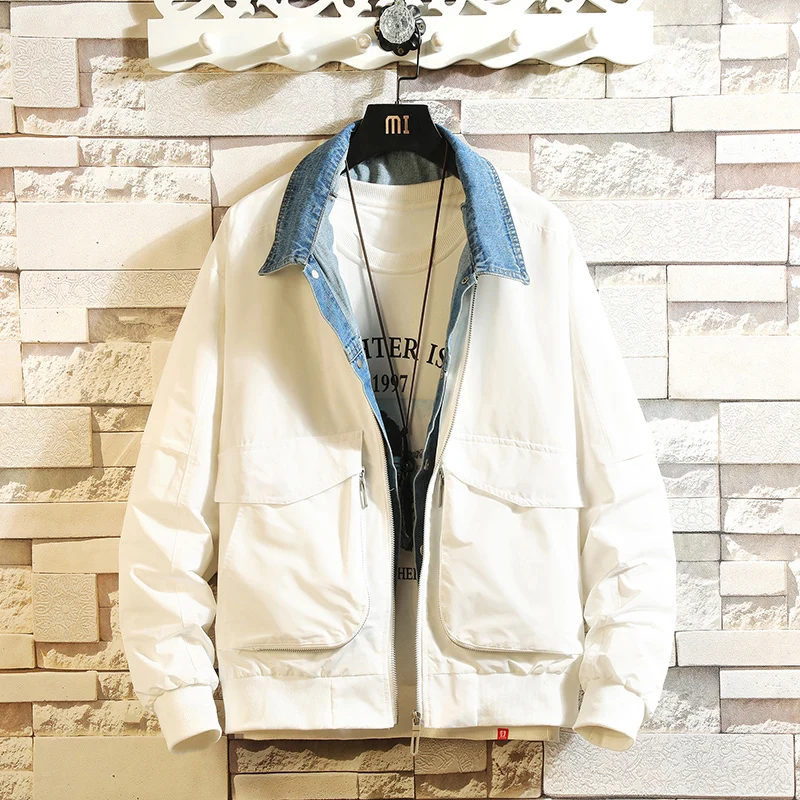 

Autumn New Tooling Jacket Men Fashion Contrast Color Casual Large Pocket Fake Two-piece Jacket Man Hip-hop Loose Bomber Jacket