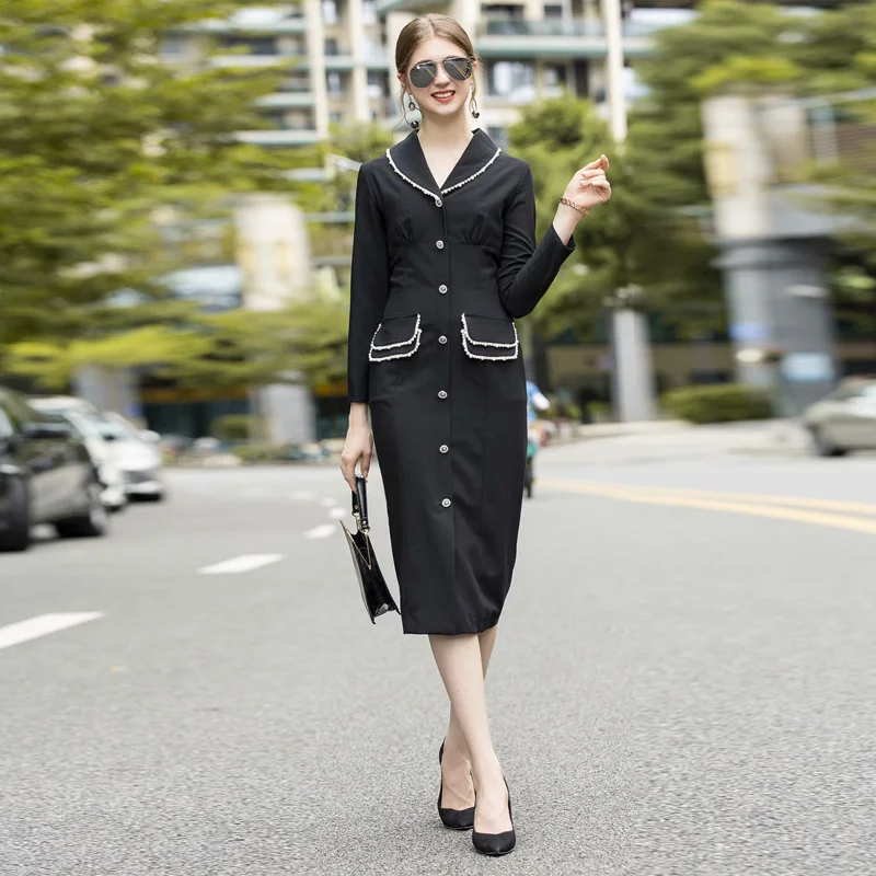 

Runway High Quality 2019 Autumn New Women'S Fashion Work Party Sexy Vintage Elegant Chic Black Pencil Long Sleeve Midi Dress