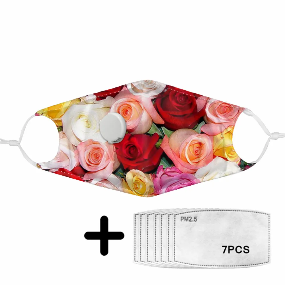 

Pretty Colorful Rose Floral Pattern Mask with PM2.5 Filters Air Valve Dust Activated Carbon Masks Fashion Polyester Fabric 2020