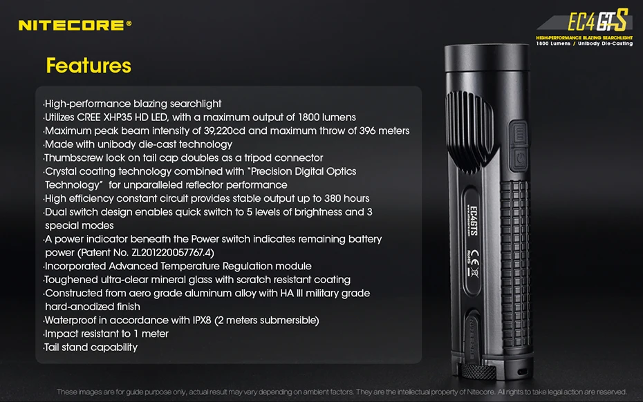 NITECORE EC4GTS тактический фонарь Cree XHP35 HD max 1800 люмен прожектор луч бросок 396 м Открытый Ручной фонарь