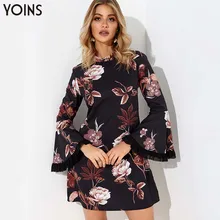 YOINS цветочные платья со стоячим вырезом и расклешенными рукавами с высокой талией элегантное женское винтажное мини-платье для отдыха весна-осень Femme