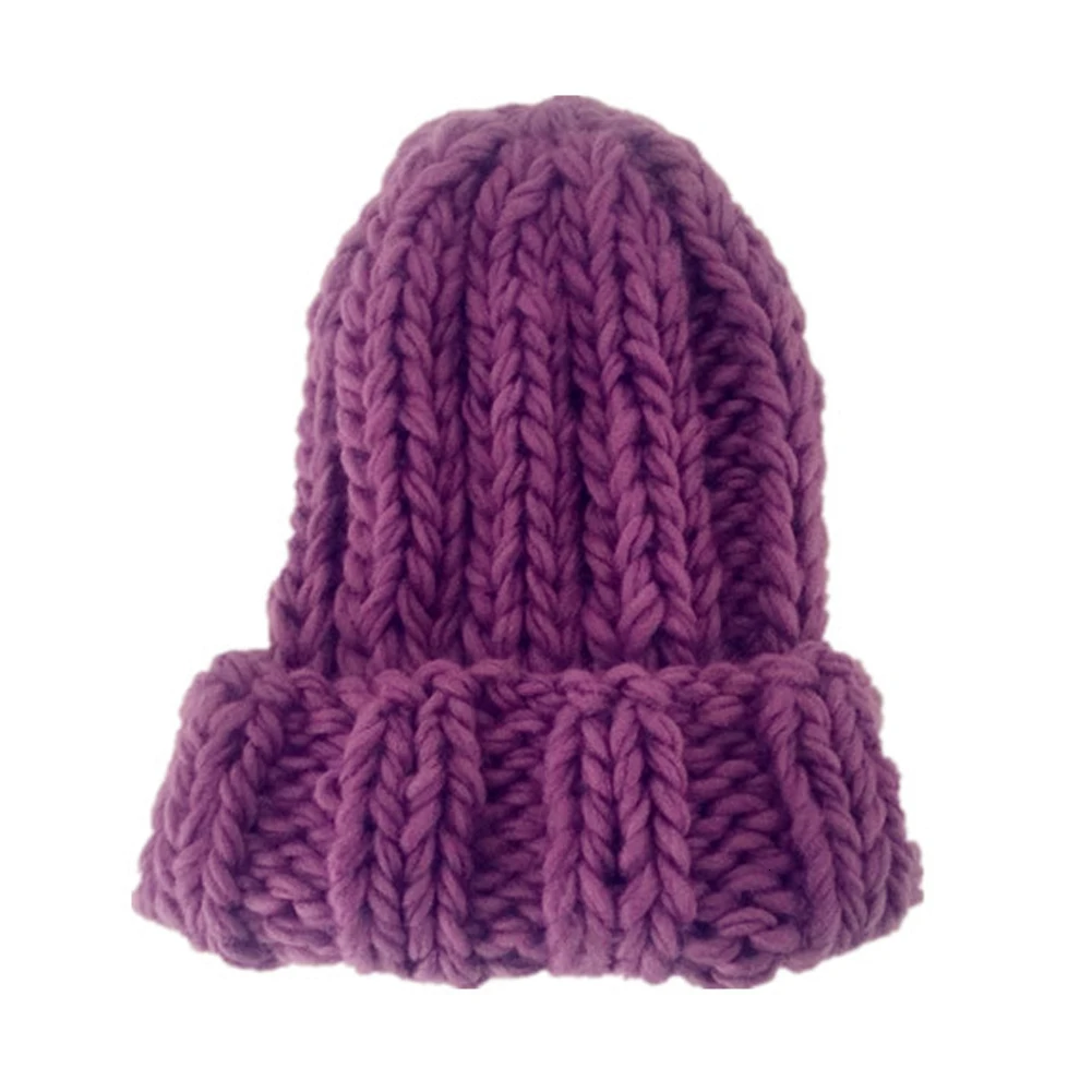Женские зимние вязаные шапочки, шапка, толстая мягкая теплая шапка бини, шапка грубой большой вязки, одноцветная шапка, женская Лыжная облегающая шапка - Цвет: Фиолетовый