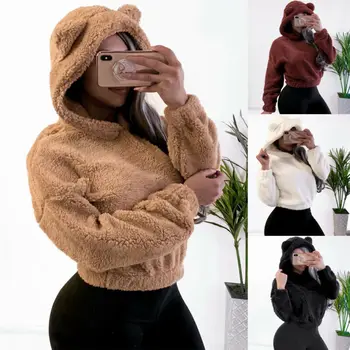 

Women Fleece Bear Ear Hoodies 2019 Winter Long Sleeve Wool Hooded Pullovers Casual Solid Zipper Plush Fluffy Sweatshirt Coat