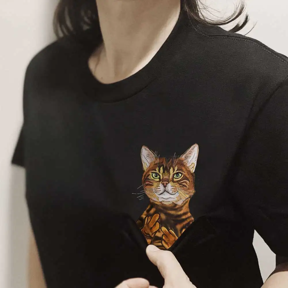 CLOOCL T-Shirt Fashion Summer Bengal Cat Pocket T-shirt 3D Printed Men for Women Shirts Tops Funny Cotton Black Tees