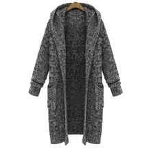 Женский свитер большой размер куртка свободный супер длинный с капюшоном толстый вязаный кардиган