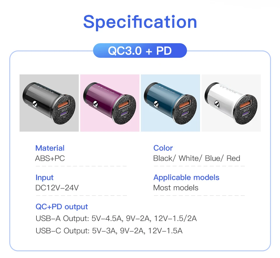 KUULAA Mini USB Car Charger Quick Charge 4.0 PD 3.0 36W Fast Charging Charger For iPhone Huawei Xiaomi Mi Type C Mobile Phone