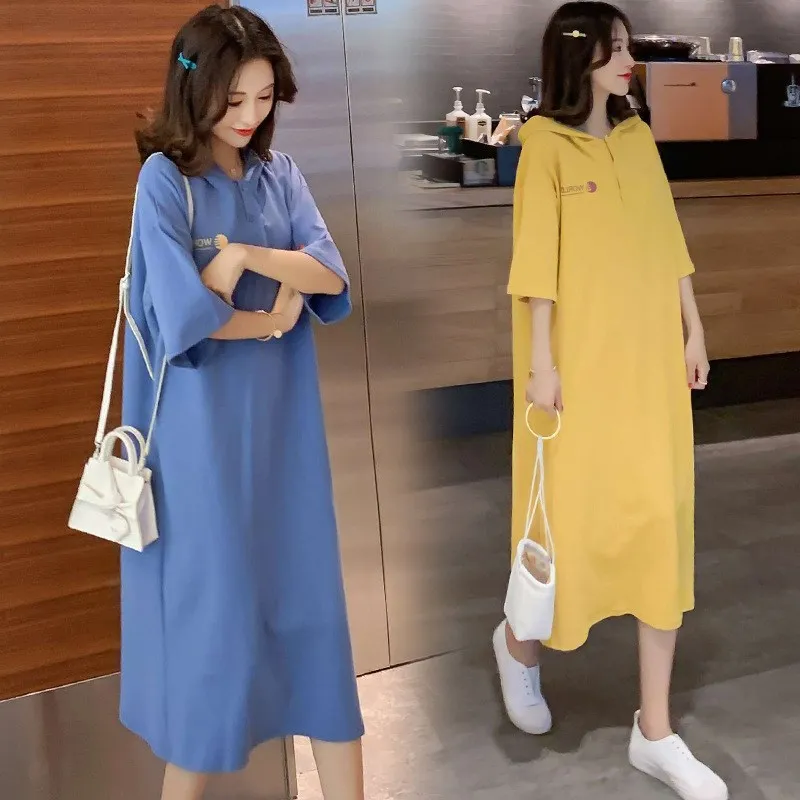

Pregnant Women Dress 2019 Summer Wear Fashion Hooded Mid-length Dress Large Size Long Skirts Maternity Clothes Tops