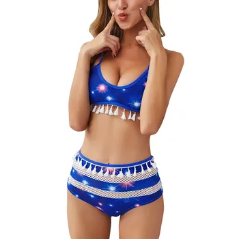 

Bikinis 2020 Women New Bikini Two Piece Women High Waist Bikini Set Leaf Bandeau Tassel Mesh Simple Fashion Swimwear