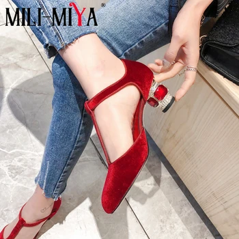 

MILI-MIYA New Arrival Women Gold Velvet Pumps Crystal Square Heels Round Toe Ankle Wrap Buckle Solid Color Dress Shoes