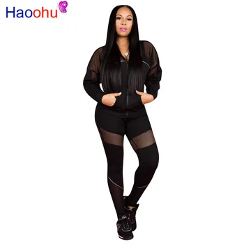 

HAOOHU Sexy Mesh Sheer 2 Piece Set Long Sleeve Hooded Top and Pencil Pants Suit Fall 2019 Tracksuit Women Clothing Matching Set
