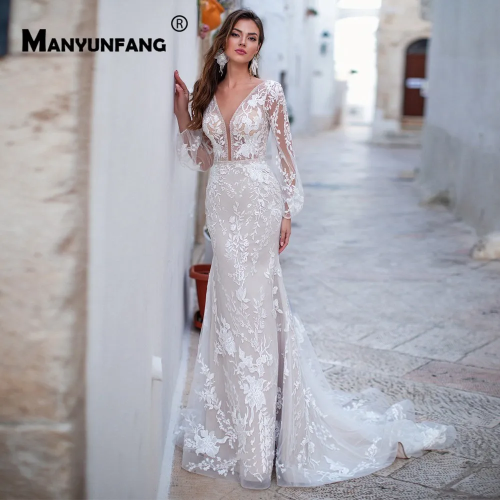 MANYUNFANG robe de mariage свадебное платье с длинными рукавами и глубоким вырезом на спине vestido boda vestido de novia bohemio