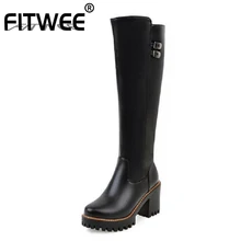 FITWEE/4 цвета; женская зимняя обувь; сапоги на высоком каблуке; сапоги до колена на платформе с металлической пряжкой; модная женская обувь; размеры 34-43
