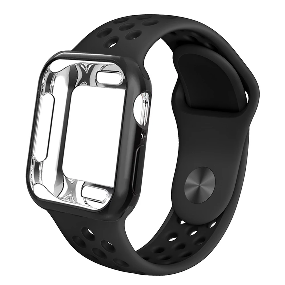 Чехол+ ремешок для apple Watch 5 ремешок 42 мм 38 мм 40 мм 44 мм спортивный силиконовый браслет для apple iwatch series 5 4 3 2 1 Аксессуары - Цвет ремешка: Coal black