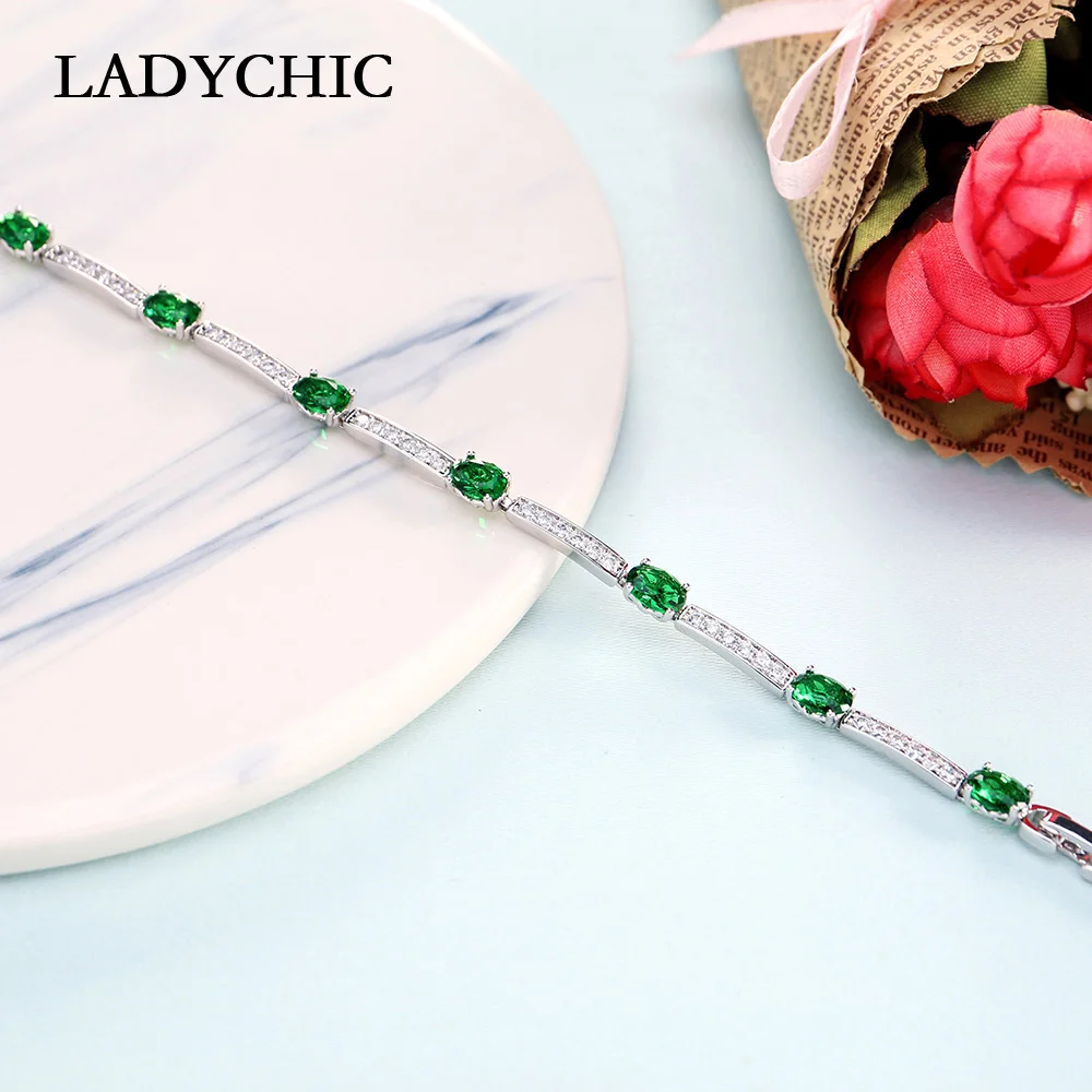 LADYCHIC Luxury Blue Green Oval Zircon Silver Color Bracelets Charming Crystal Bride Wedding Jewelry Women Fashion Bangle LB1001