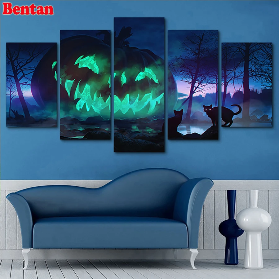 

diamond embroidery cross stitch 5 Panel Halloween Pumpkin landscape diy rhinestone diamond painting mosaic art 5 pcs set