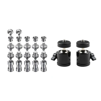 

2Pcs 1/4 Inch Mini Tripod Ball Head Bracket Holder Mount Ballhead for DSLR Camera & 22 Pcs Tripod Screw Adapter Converter Ring S