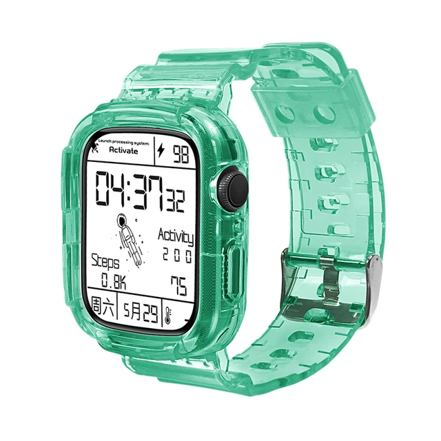 Rugged Protective Case and Bands for Apple Watch 45mm 41mm 44mm 42mm 40mm 38mm Strap, Cute Girl Crystal Jelly Cover iWatch Se76 Through Green