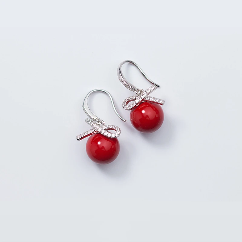 

100% 925 Solid Real Sterling Silver Bowknot CZ Synthesis Red Pearl Dangle Earrings Ear Hook For Women Girl Fine Jewelry Gift