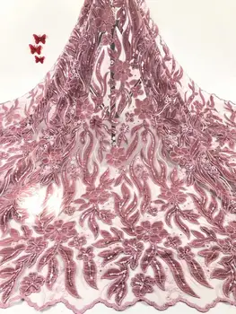 

pink Velvet Lace Fabric for Dresses Latest Nigerian French Tulle Lace with Sequin High Quality African Sequins Lace FFD-111