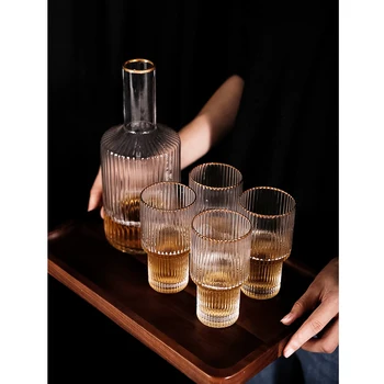 

5 pcs/set Striped Gold rim wine glass large capacity Decanter whiskey and brandy cup goblet home party drinking glasses