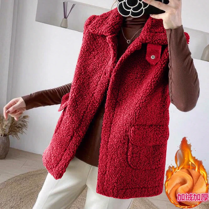 

2021 Winter Imitation Lamb Wool And Plush Thickened Women's Vest Korean Version Versatile Girls' Vest For Casual Warmth Red