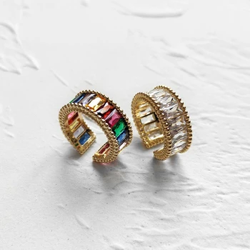 Peri'sBox Wide Rectangle Rainbow Zircon Rings Linked Clear CZ Stone Rings for Women Floral Edged Vintage Ring Adjustable 2020