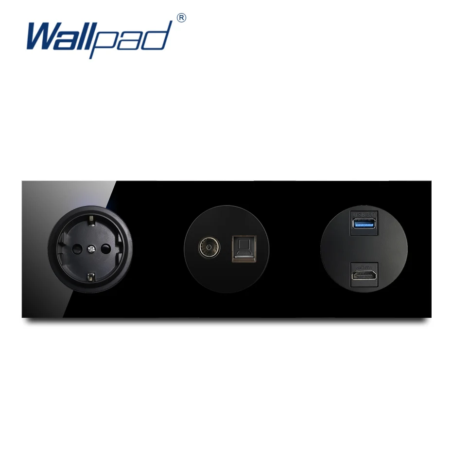 Европейская немецкая розетка Wallpad с TV DAT USB 3 0 HDMI прозрачная закаленная черная