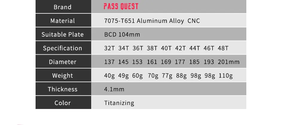 PASS QUEST 104BCD Mountain Bikes Round Chainwheel MTB Bicycle Crankset Chainwheel Titanium plating Aluminum Chainring 32-48T