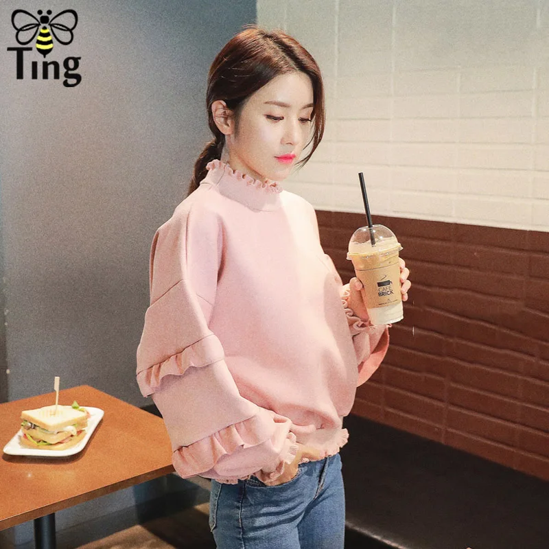 Tingfly New Designer Autumn Winter Suede Pullovers Shirt Ruffles Lantern Full Sleeve Loose Casual Hoodies Tops Streetwear