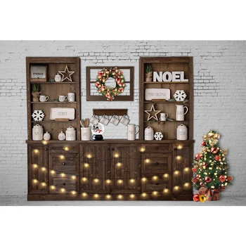

White Brick Wall Christmas Background Photography Printed Wood Cupboard Garland Xmas Party Decor Photo Backdrop Fond Photo Noel