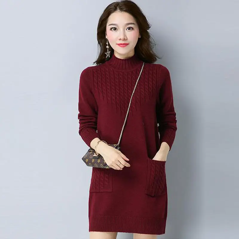 wine red no velvet Осень зима женские модные Свободные флисовые трикотажные пуловеры женское платье-свитер Повседневный теплый плюс бархатный Трикотаж Джемпер X94 - Цвет: wine red no velvet