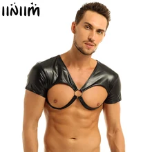 Мужские горячие экзотические ПВХ кожа Мышцы топы сексуальные открытые чашечки Грудь Жгут Готический мини половина майка мужской ночной клуб сценический костюм