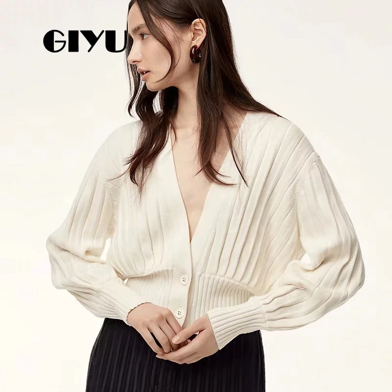 

GIYU V Neck Sweater Long Sleeve Autumn Basic Knit Solid Short Jumpers Drop Shoulder Cardigan sueter mujer invierno