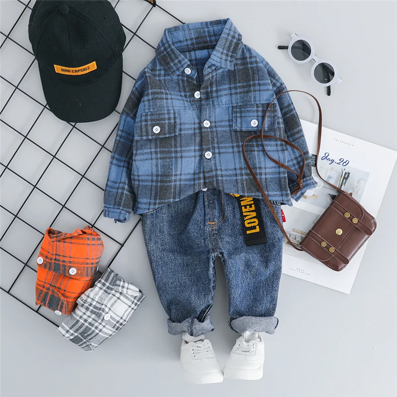 

HYLKIDHUOSE 2019 Autumn Baby Boys Girls Clothes Suits Toddler Infant Clothing Sets Plaid Shirt Jeans Children Sports Costume