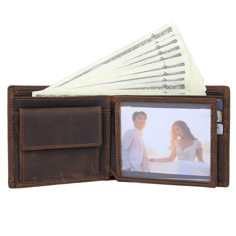 Luufan Real Cowhide Leather Purse Of Men Business Type Bifold Short Wallet Vintage Genuine Leather Credit Card Purse Man Male