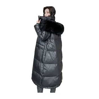 

Women X-Long Winter Jacket Hooded Fur Collar Detachable Windproof PU down jacket Oversize Cotton padded Parkas