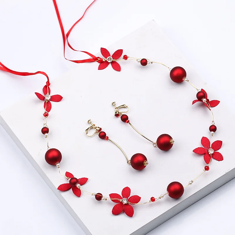 Simple Bridal Crystal Pearl Red Flowers Tiara Fashion Women Headband Lace Hair Jewelry Set Gift Wedding Dress Accessories gala | Украшения