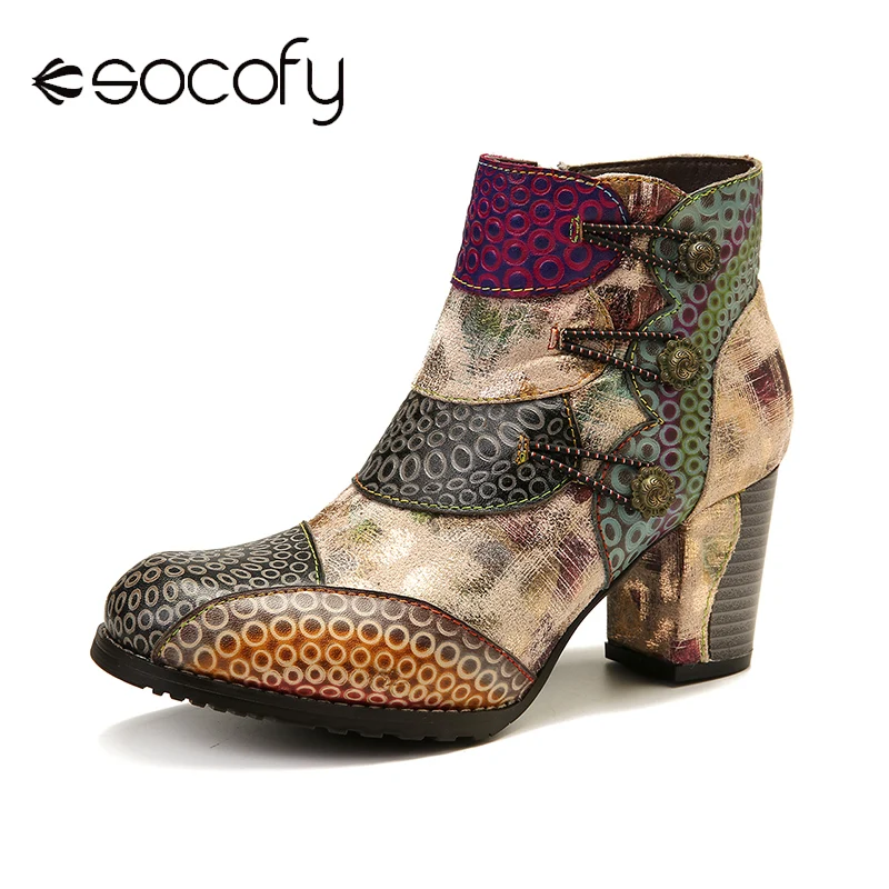 SOCOFY Embossed Boots Genuine Leather Retro Buckle Zipper High Heel Ankle Elegant Shoes Women Botas Mujer 2020 | Обувь