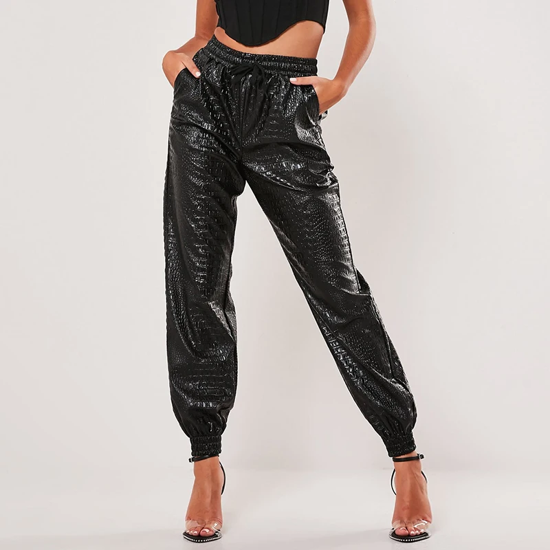 InstaHot шаровары брюки для женщин искусственная кожа свободные Jogger Mujer черный высокая уличная эластичный пояс повседневные армейские уличная одежда - Цвет: Black