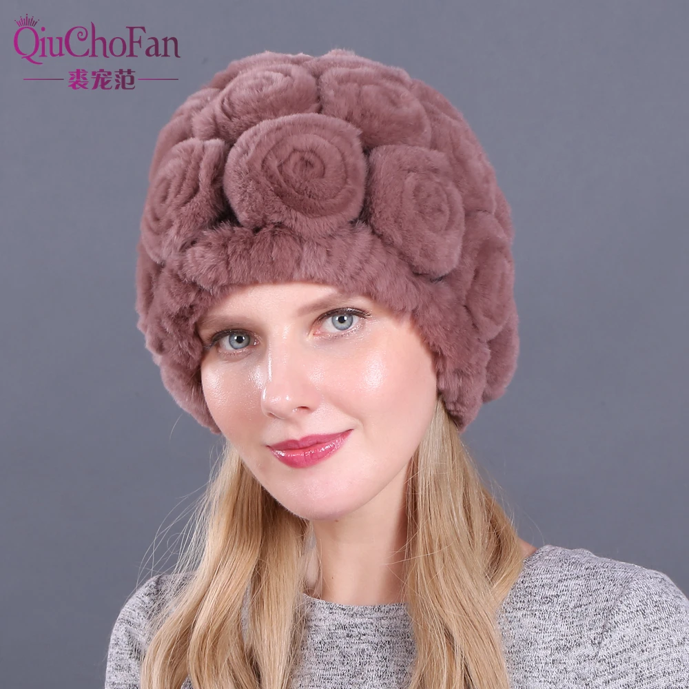 Новинка, женская шапка Skullies, настоящий мех кролика, зимняя шапка с цветочным рисунком, шапка из кроличьего меха Рекс, шапка для девочек с цветами и кроличьим мехом s