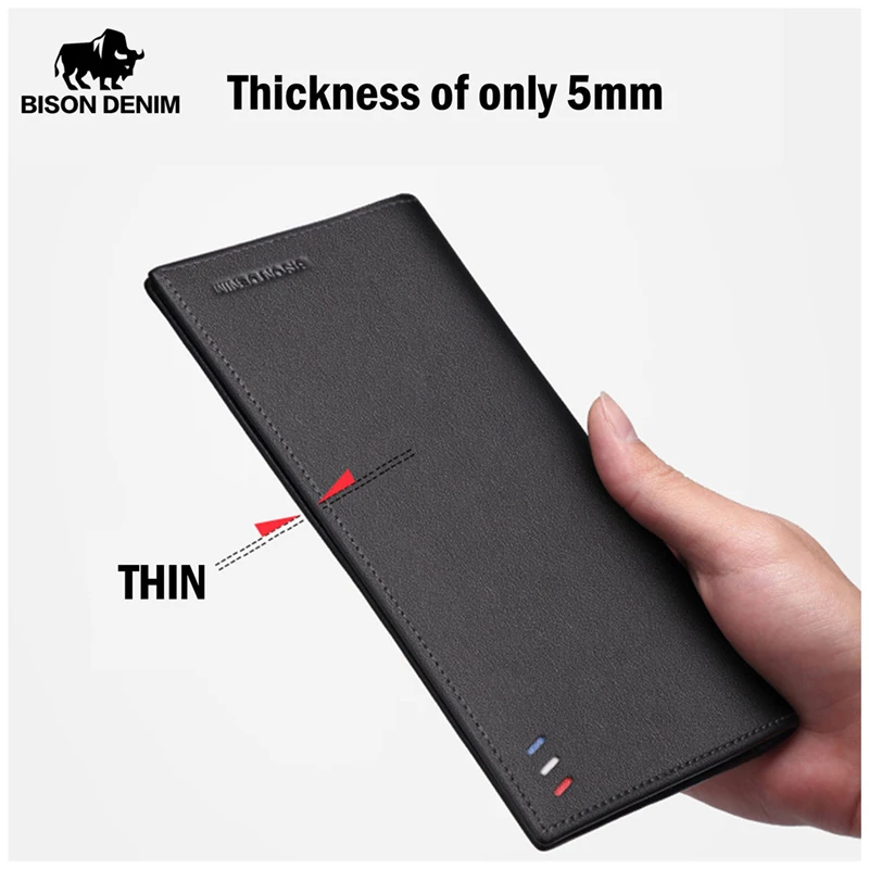 

Bison Denim Large Capacity Genuine Leather Wallet Men Long Business Slim Wallet Clutch Bag Male Card ID Money Purse