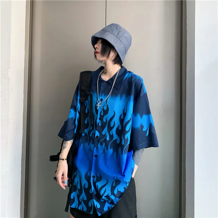 Harajuku Loose Summer Tops Punk Men Casual Blue Flame Print Blouse