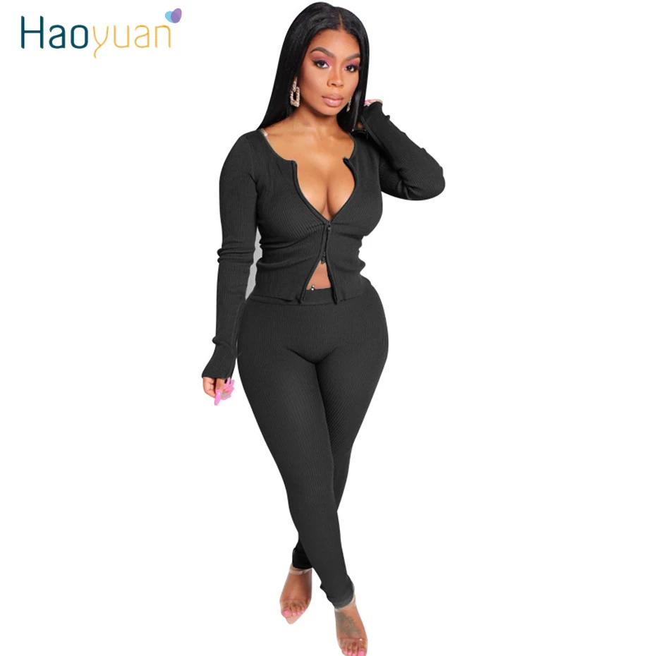 

HAOYUAN Sexy Rib Knitted Two Piece Set Women Rave Clothes Zip Crop Top and Pants 2 Piece Matching Sets Fall Winter Club Outfits