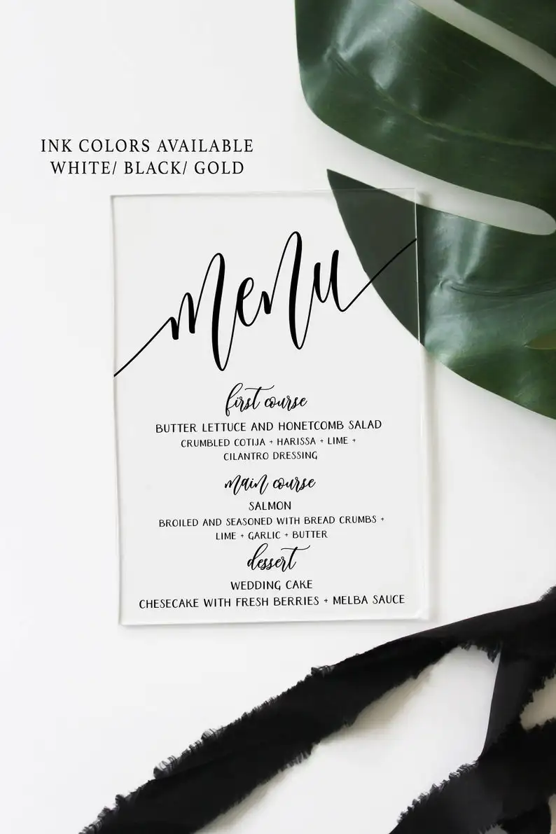 Clear Acrylic menu wedding with white wording, transparent sign, modern