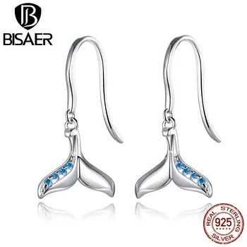 

BISAER Earrings 925 Sterling Silver Mermaid Tail Hoop Blue Zircon Fish Tail Earrings For Women Wedding Silver Fine Jewelry Gift