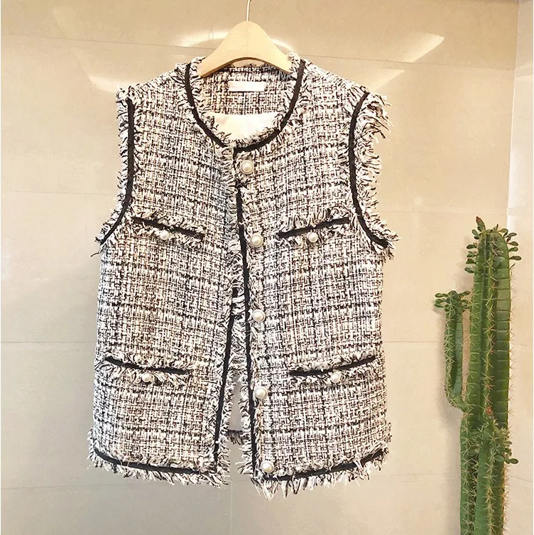 Весенне-осенний маленький аромат, женский жилет, куртка, жемчужная пуговица, элегантный твидовый жилет с кисточками, пальто, женский шерстяной жилет