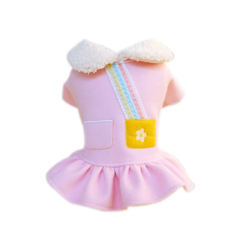 Cute Warm Dog Clothes For Small Dog Pink Puppy Strap Skirt Dress Autumn Winter Warm Plush Fur Collar Coat Suit Pet Clothing