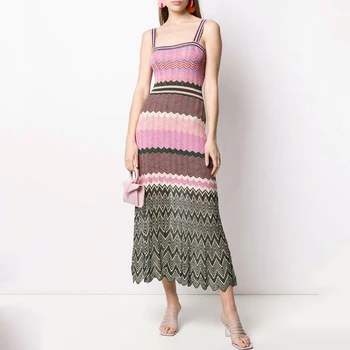 

Bohemian WOmen Knitted Sling Dress 2020 Summer Elegant Wavy Striped Spaghetti Strap Pleated Long Dress Maxi Holiday Beach Dress
